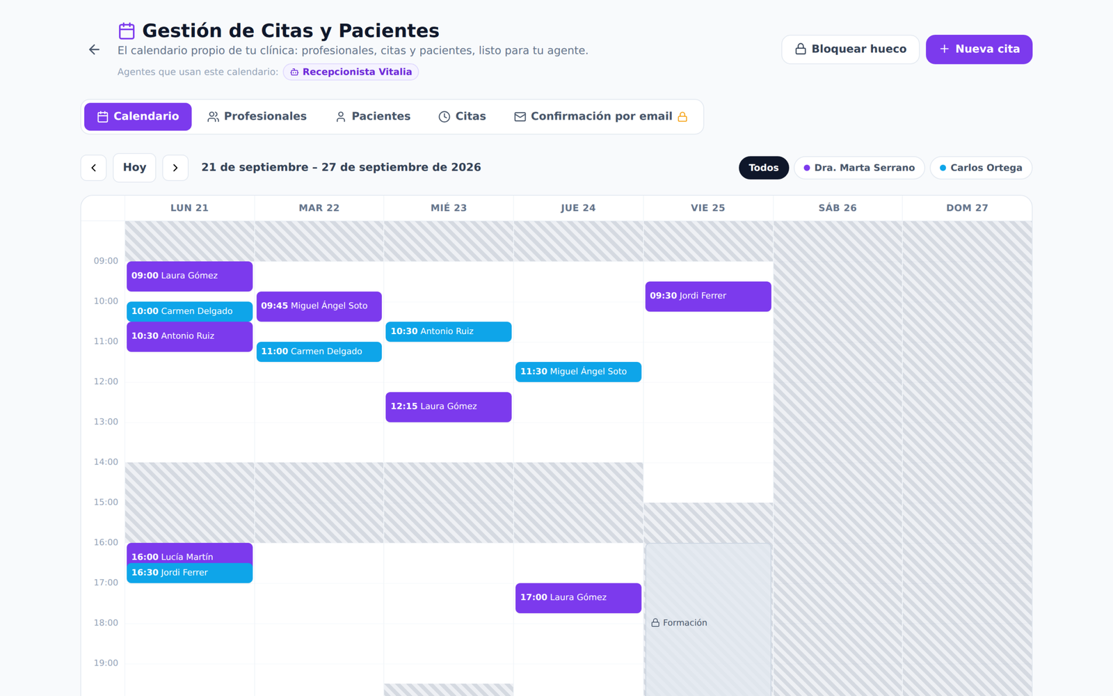 Agenda semanal de Clinicbot con las citas de cada profesional