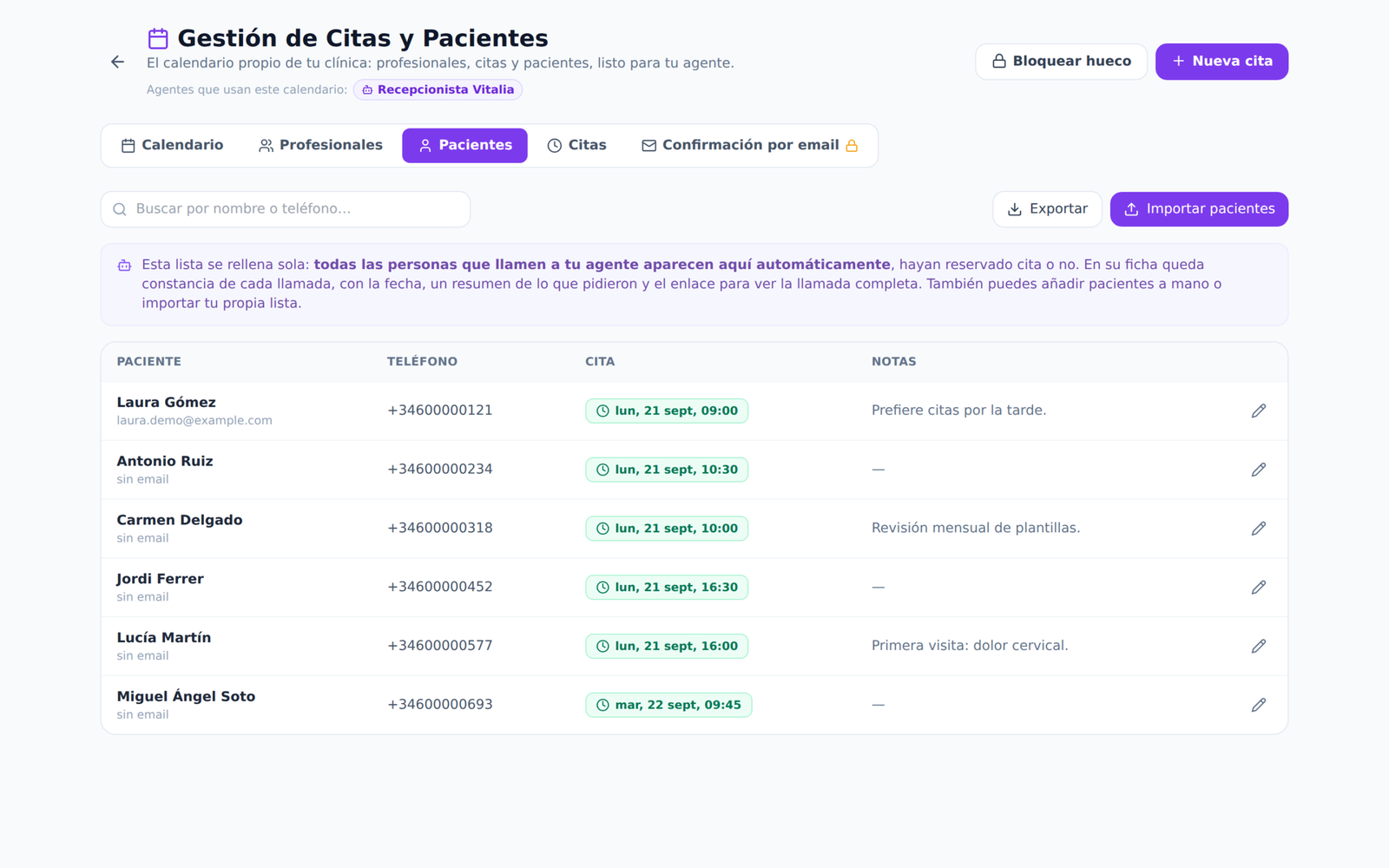 Lista de pacientes del CRM para clínicas de Clinicbot, que se rellena sola con cada llamada