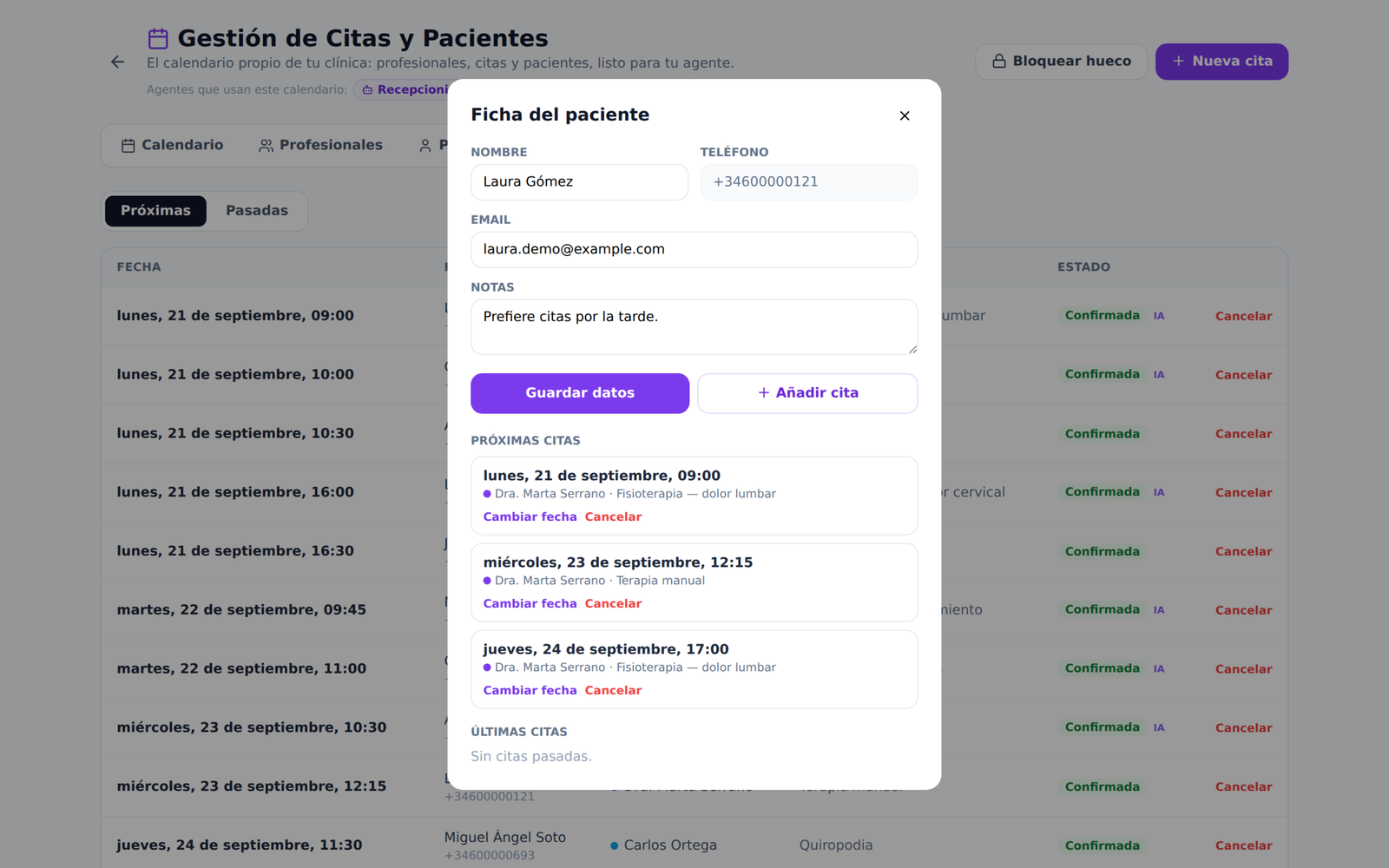 Listado de citas de Clinicbot con el origen de cada reserva: agente de voz o manual
