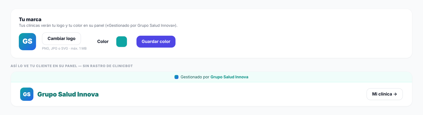 Configuración de marca del distribuidor y cómo lo ve su cliente: panel con el logo y color del distribuidor, sin rastro de Clinicbot